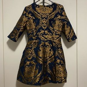 Chicwish Navy Gold Baroque Embroidered Style Mini A-Line Dress